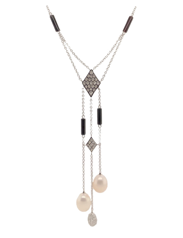 mastoloni pearl pavée diamond lariat with black onyx necklace 18k white gold