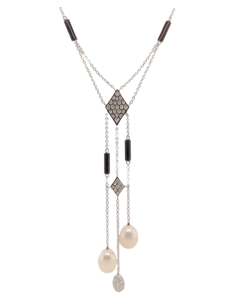 mastoloni pearl pavée diamond lariat with black onyx necklace 18k white gold