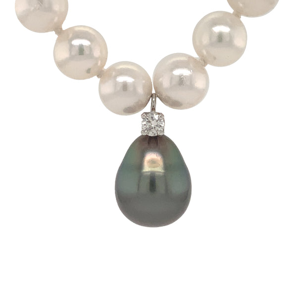 white akoya and south sea tahitian pearl and diamond drop necklace.