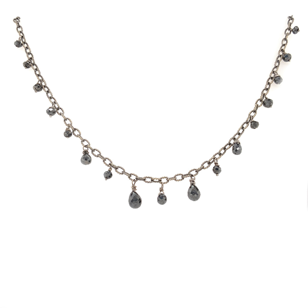black diamond briolette bead necklace wire wrapped chain 14k white gold