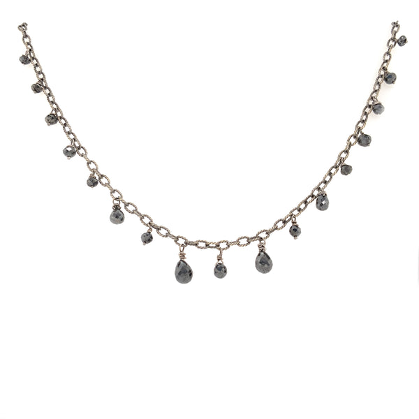 black diamond briolette bead necklace wire wrapped chain 14k white gold