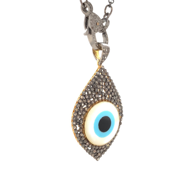 large evil eye pendant mother of pearl and turquoise and onyx and diamond in sterling silver.