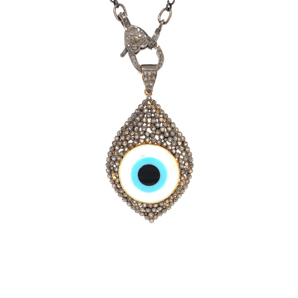 large evil eye pendant mother of pearl and turquoise and onyx and diamond in sterling silver.