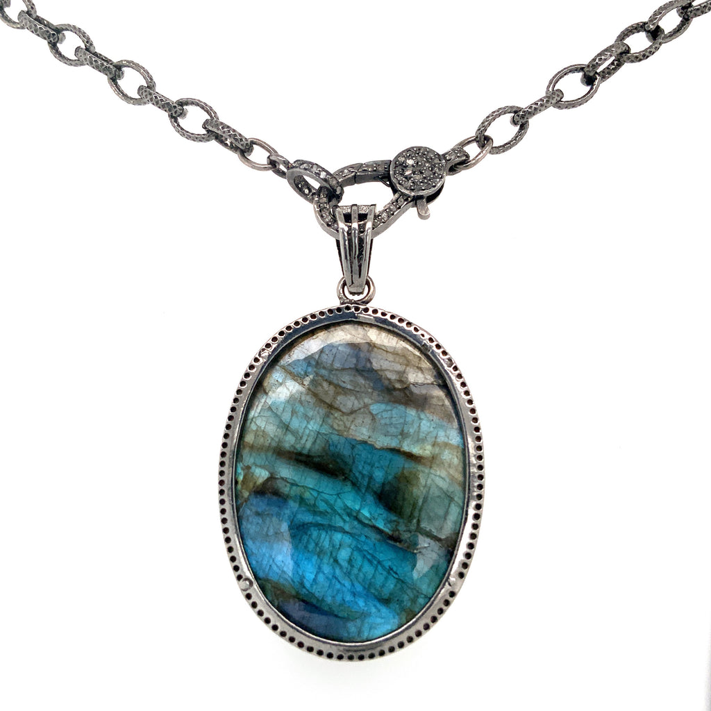 oxidized sterling silver diamond and  labradorite pendant with diamond clasp chain