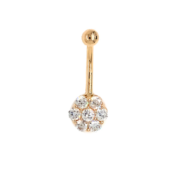 belly button ring in 14 kt yellow gold seven stone cubic zirconia cluster barbell piercing