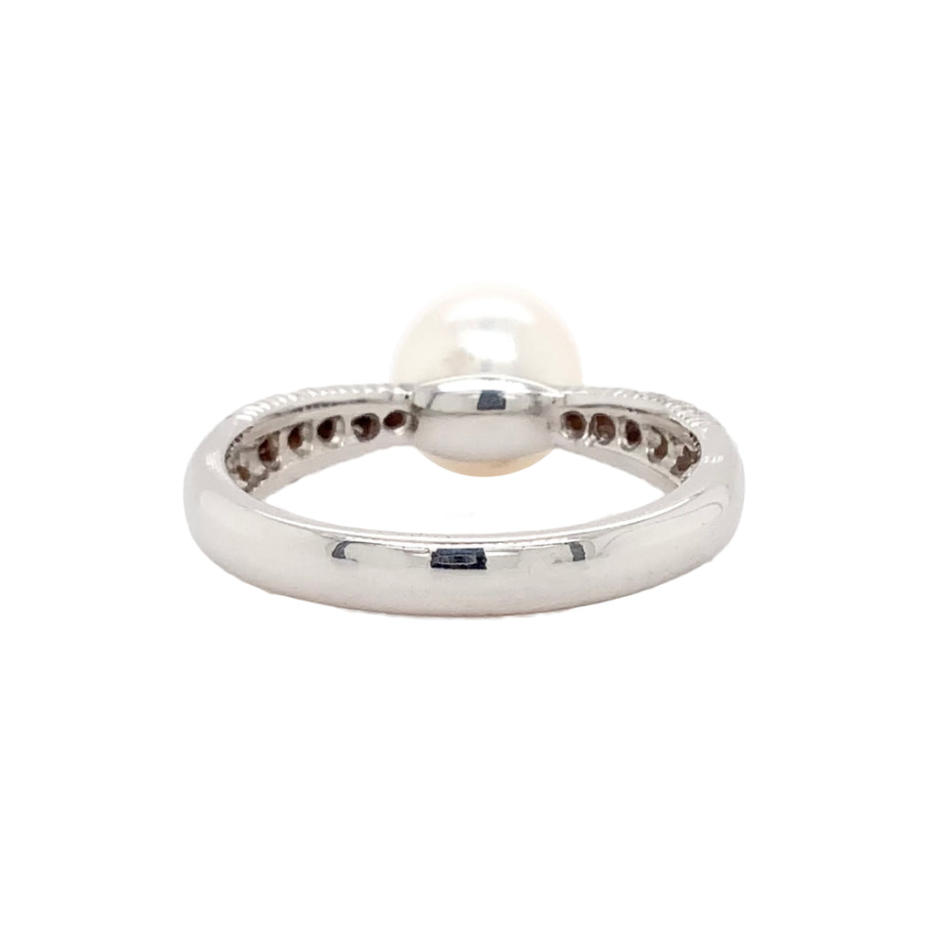 cultured akoya pearl and paved diamond ring in 14kt white gold