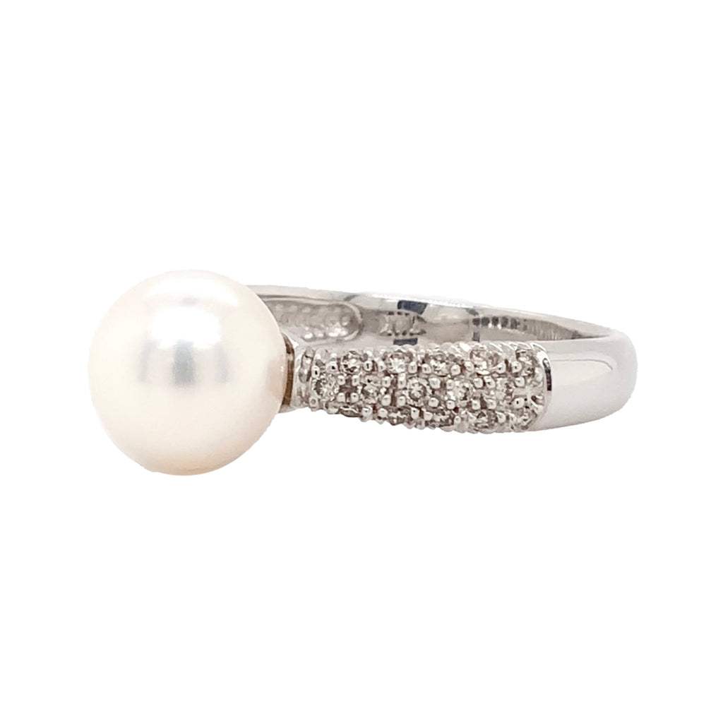 cultured akoya pearl and paved diamond ring in 14kt white gold