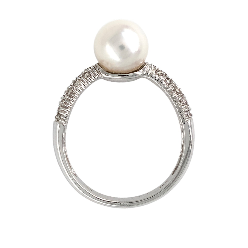 cultured akoya pearl and paved diamond ring in 14kt white gold