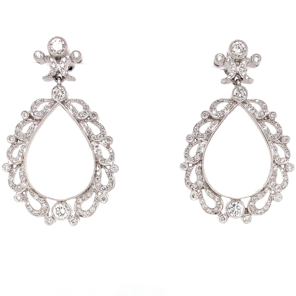 chandelier drop pavée diamond earrings round brilliant  cut 1.99 ctw 18k white gold