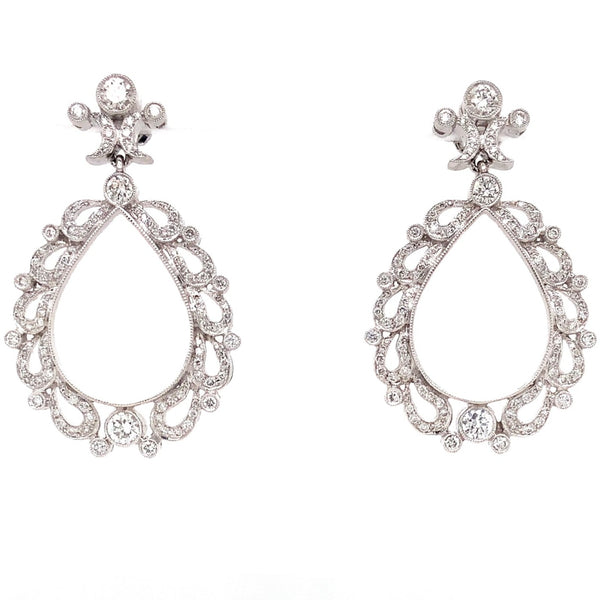 chandelier drop pavée diamond earrings round brilliant  cut 1.99 ctw 18k white gold