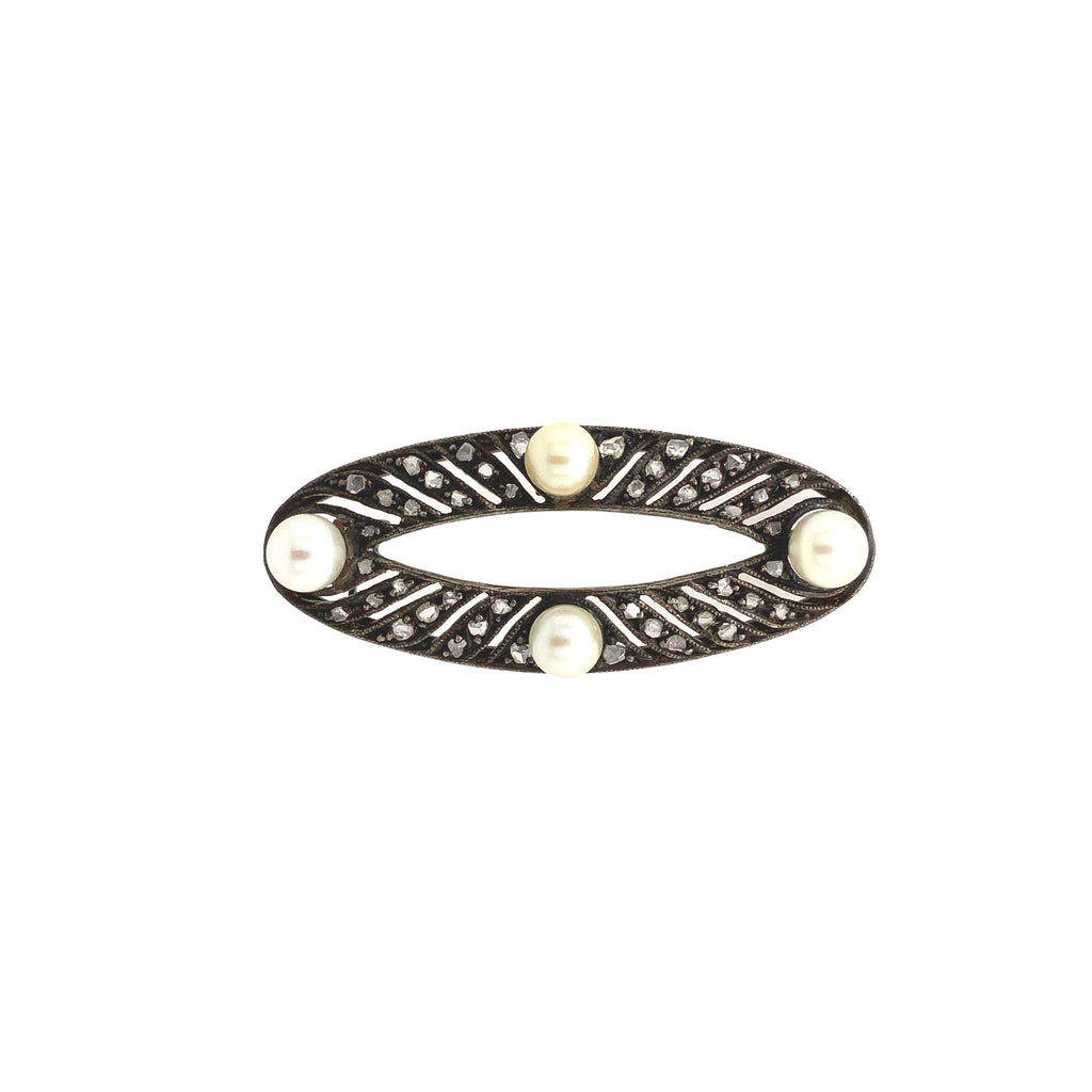 antique mid victorian oval circle silver topped 14 kt rose gold diamond and pearl brooch pin