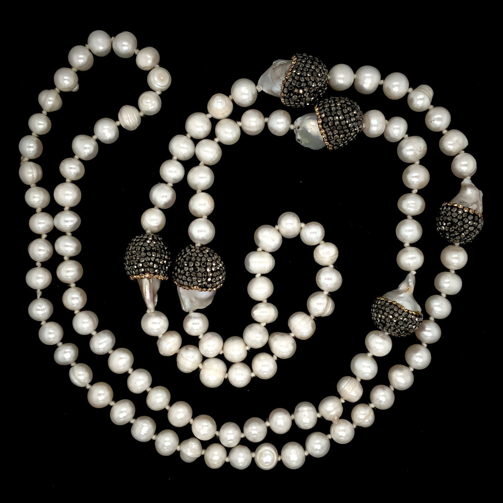 white cultured freshwater pearl necklace with black diamonds paved bead sterling silver