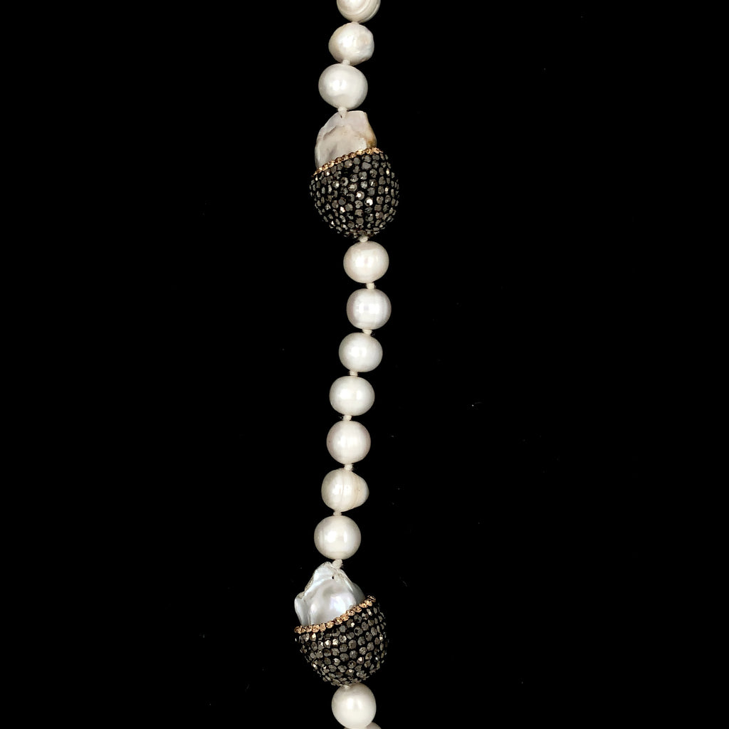 white cultured freshwater pearl necklace with black diamonds paved bead sterling silver