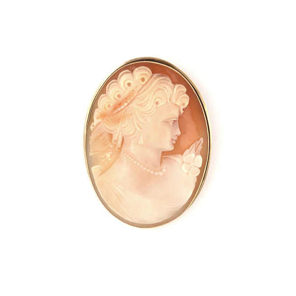 vintage classic italian oval shell greek goddess cameo pin- pendant in 14 kt yellow gold