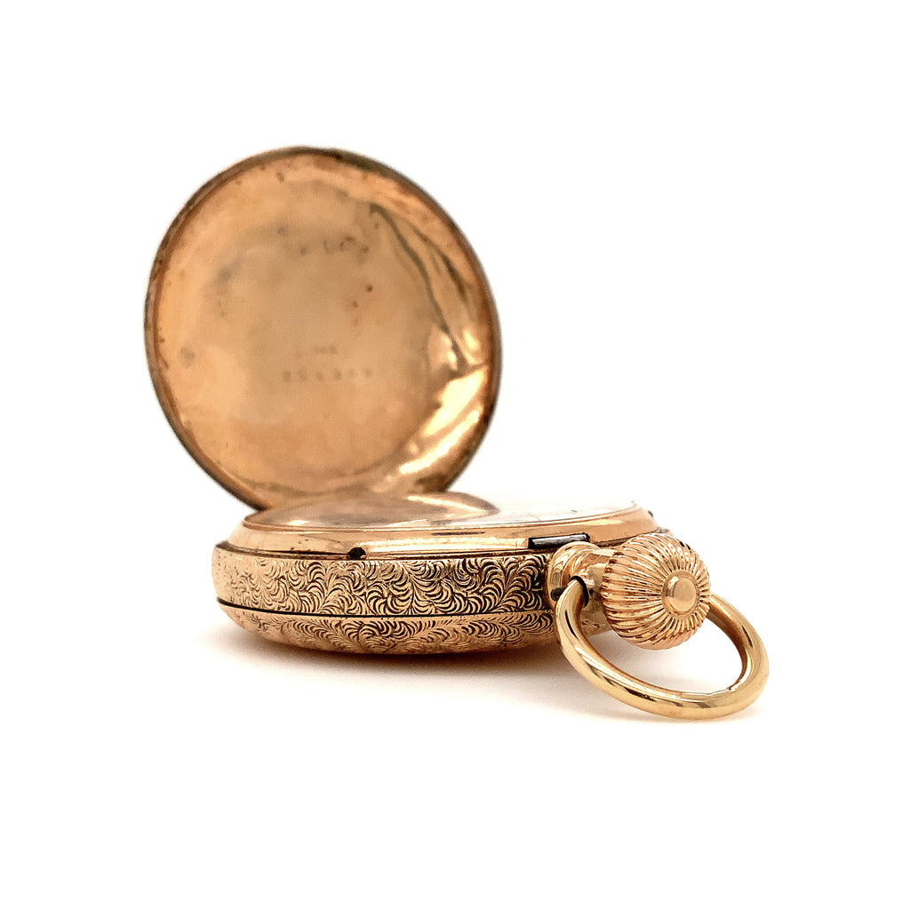 antique a. w waltham diamond 40 mm pocket watch hand engraved in 14 kt rose gold