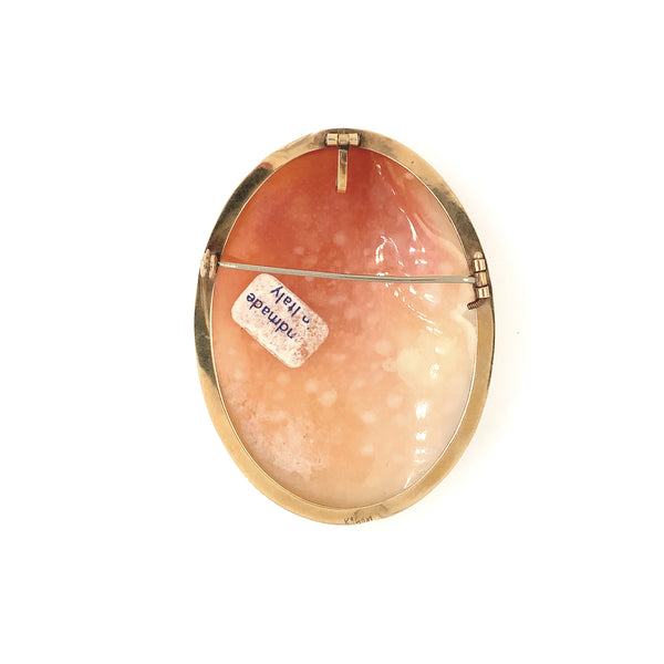 vintage classic italian oval shell greek goddess cameo pin- pendant in 14 kt yellow gold