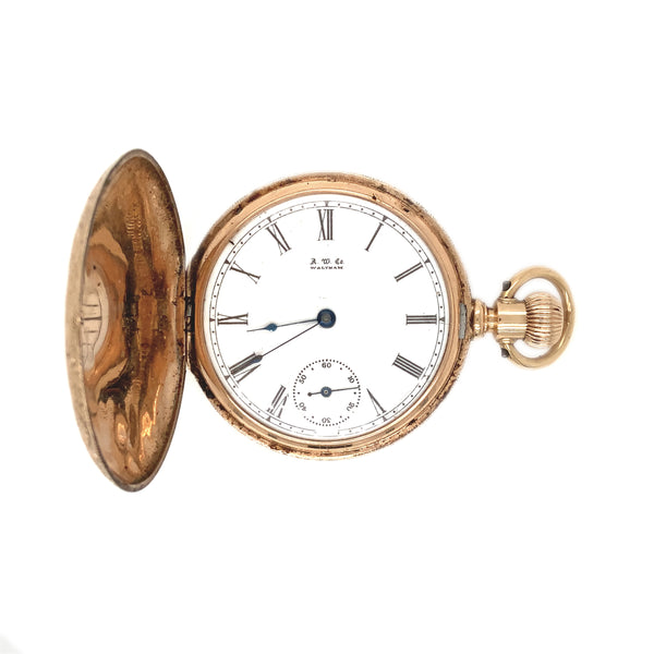 antique a. w waltham diamond 40 mm pocket watch hand engraved in 14 kt rose gold