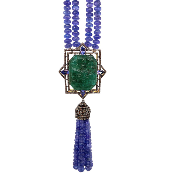 carved emerald, diamond & tanzanite beaded one of a kind tassel necklace