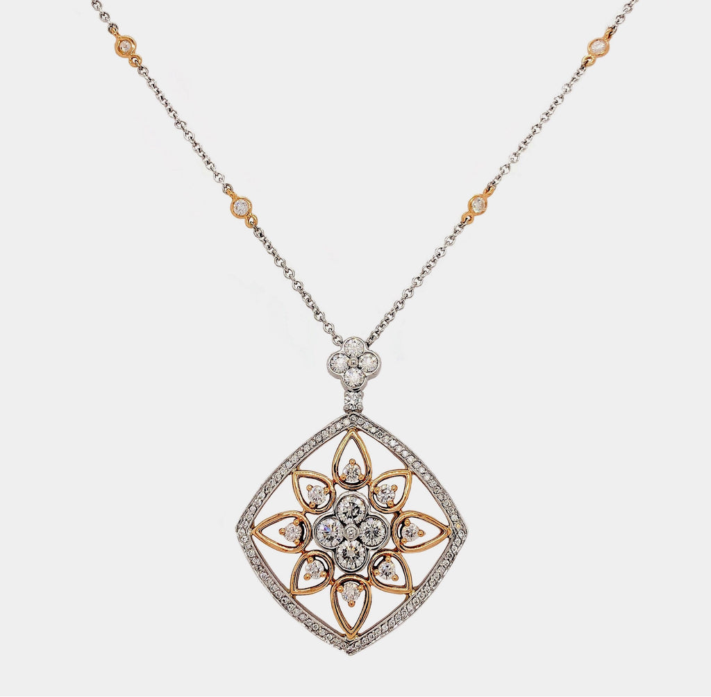 statement diamond necklace brilliant cut round diamonds 2.27 ctw 18k rose and white gold.