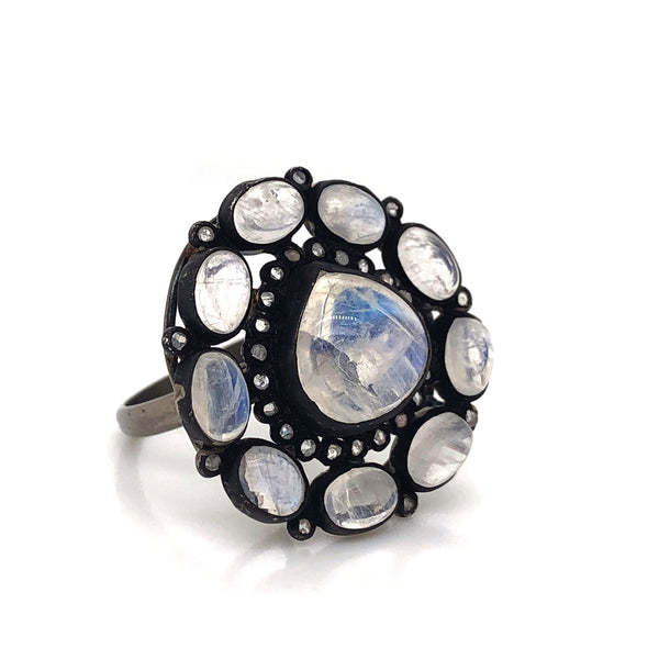 cabochon moonstones with halo bezel set diamonds oxidized silver ring