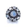 cabochon moonstones with halo bezel set diamonds oxidized silver ring