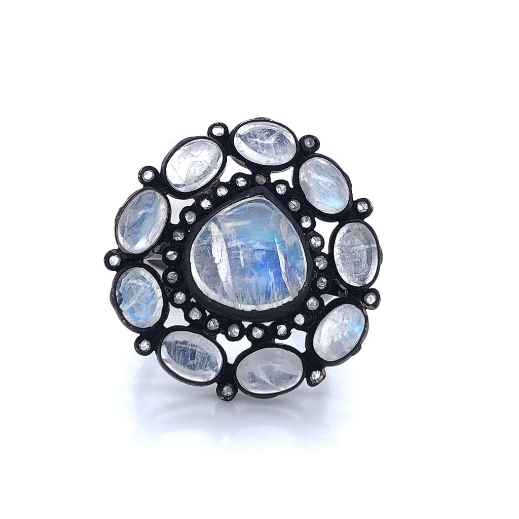cabochon moonstones with halo bezel set diamonds oxidized silver ring