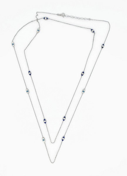 Sterling Silver Long Chain Evil Eye Double-Sided Enamel Neck chain 44 inches in length