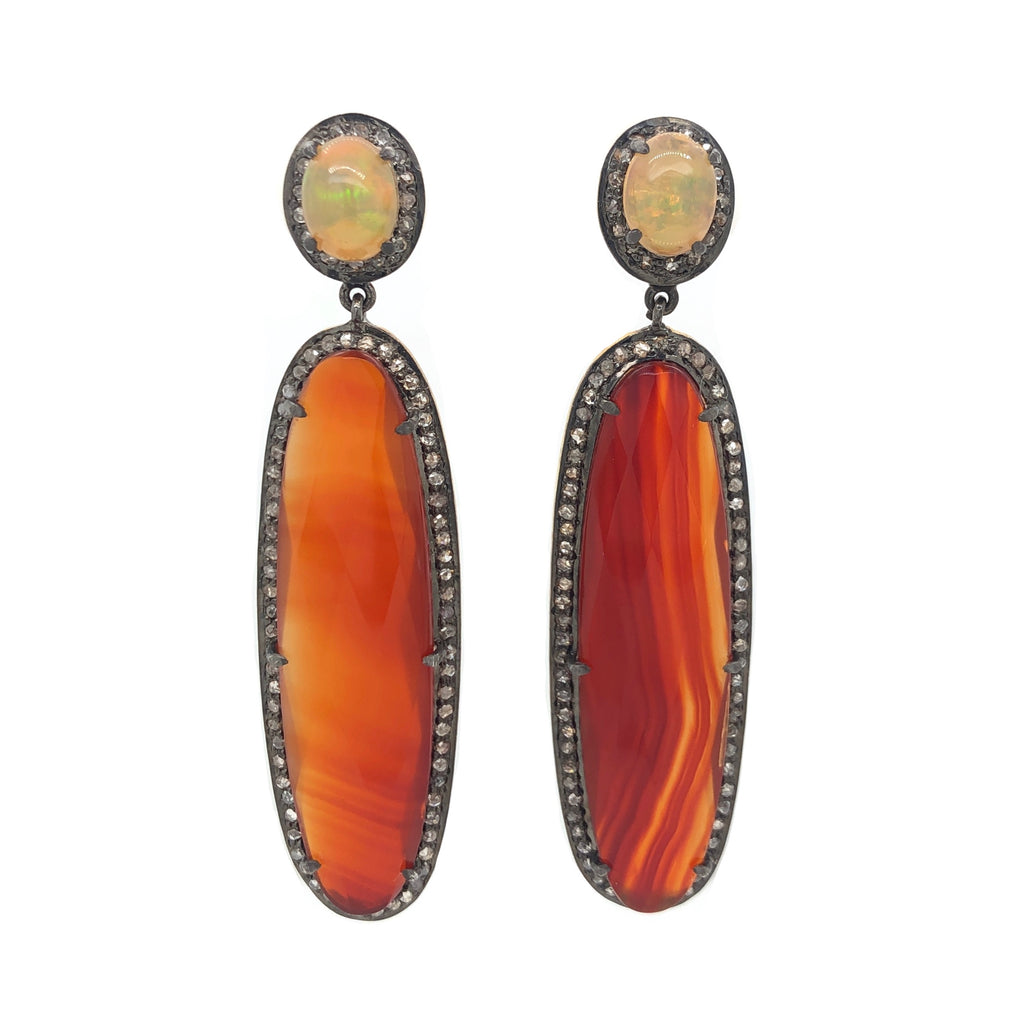 black diamond, carnelian and opal drop earring oxidized silver and gold vermeil