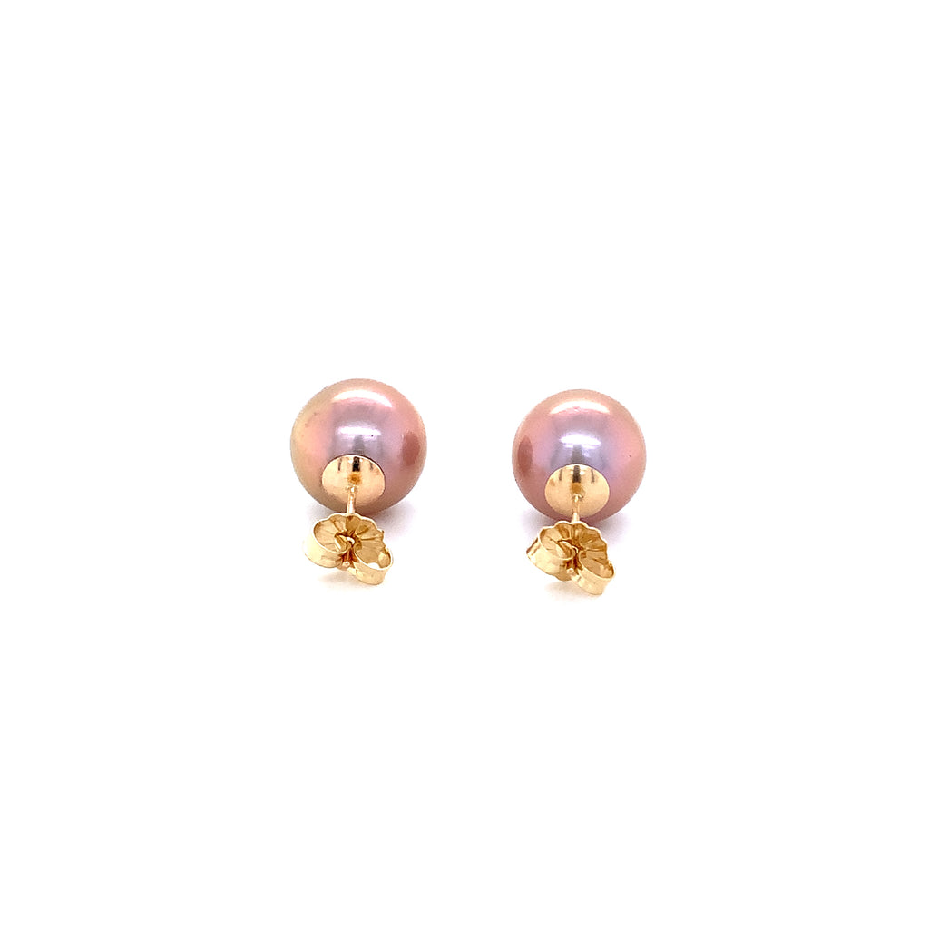 freshwater bronze purple color cultured pearl stud earrings in 14k yellow gold