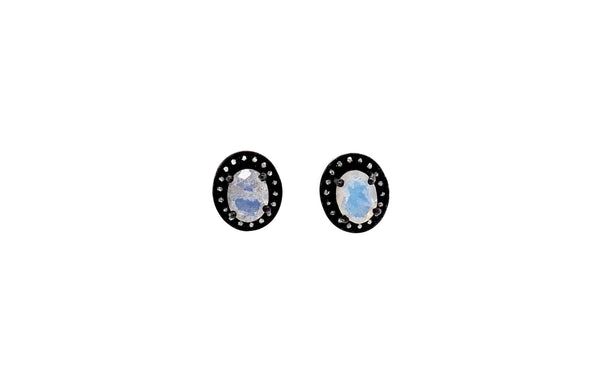 labradorite and diamond halo design earring in oxidized sterling silver.