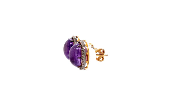 oval cabochon amethyst and diamond earring in oxidized sterling silver