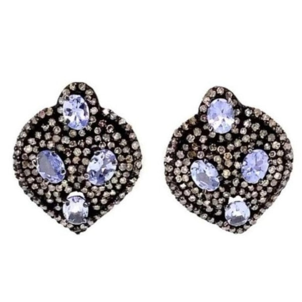 tanzanite and diamond pear shaped studs earrings oxidized sterling silver