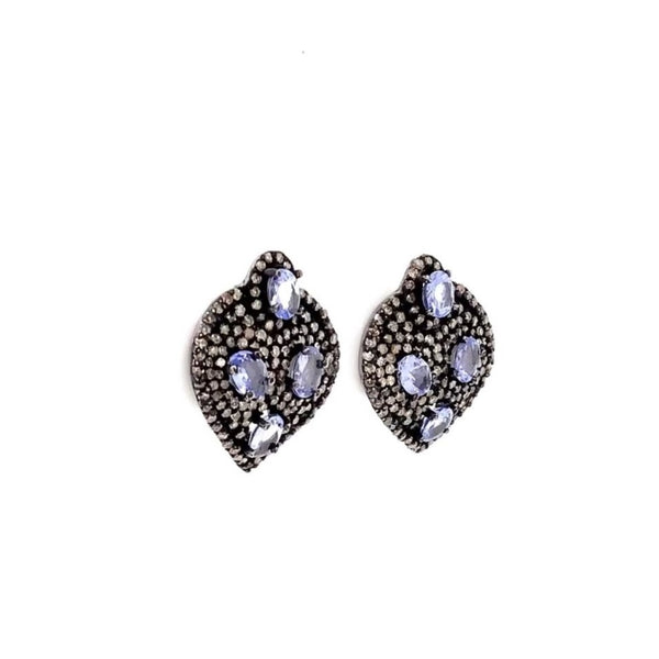 tanzanite and diamond pear shaped studs earrings oxidized sterling silver