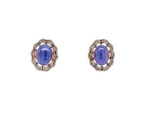 oval cabochon tanzanite and diamond earring in oxidized sterling silver gold vermeil.
