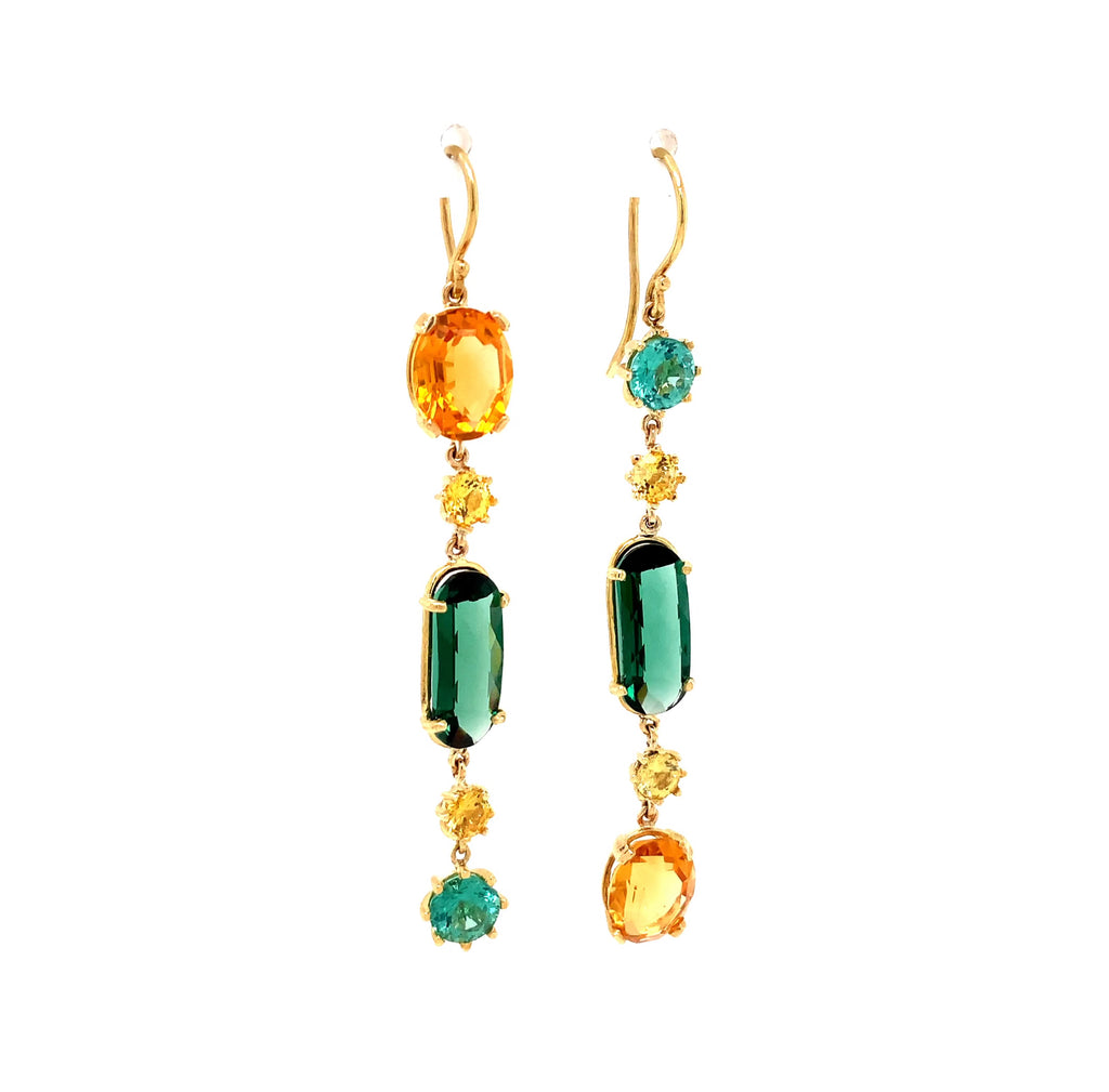 Asymmetrical Yellow Sapphire, Citrine, & Green Tourmaline Drop Earrings 18K Yellow Gold - Image 2 of 4