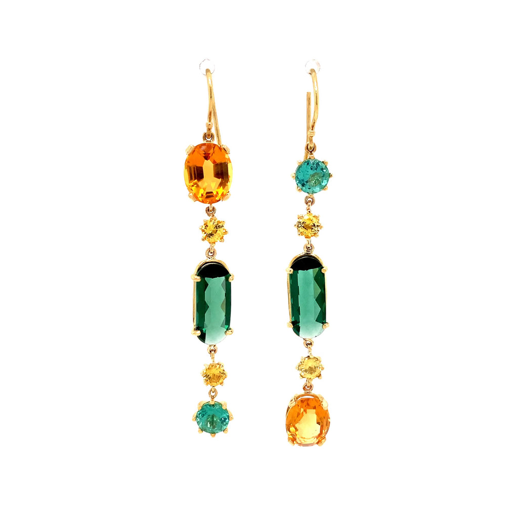 Asymmetrical Yellow Sapphire, Citrine, & Green Tourmaline Drop Earrings 18K Yellow Gold - Image 1 of 4