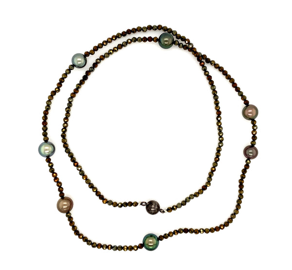 culturedtahitian black pearl and faceted pyrite bead 26 inch necklace sterling silver clasp.