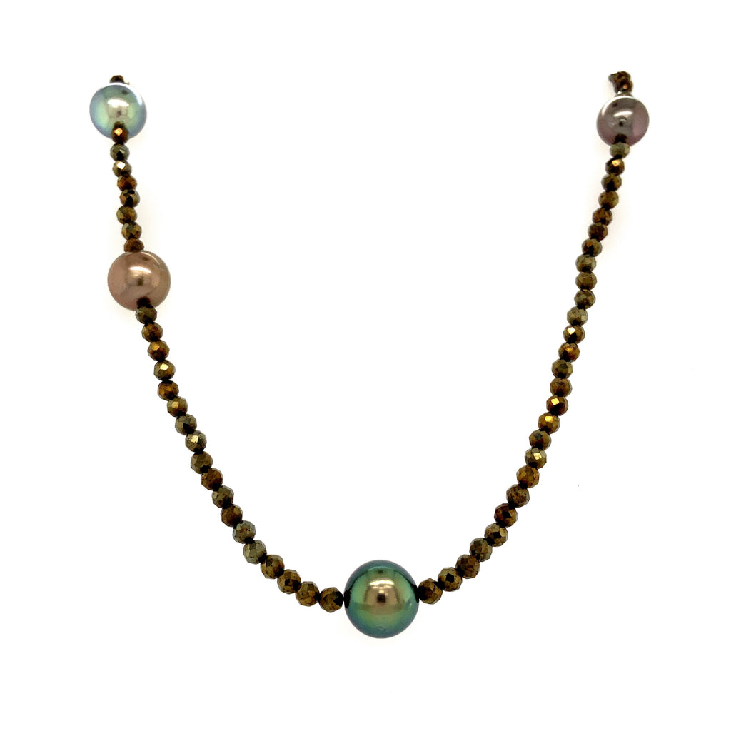 culturedtahitian black pearl and faceted pyrite bead 26 inch necklace sterling silver clasp.