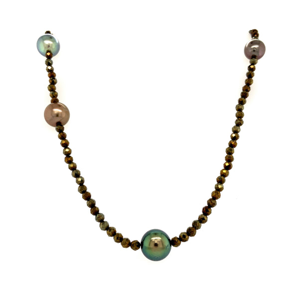 culturedtahitian black pearl and faceted pyrite bead 26 inch necklace sterling silver clasp.