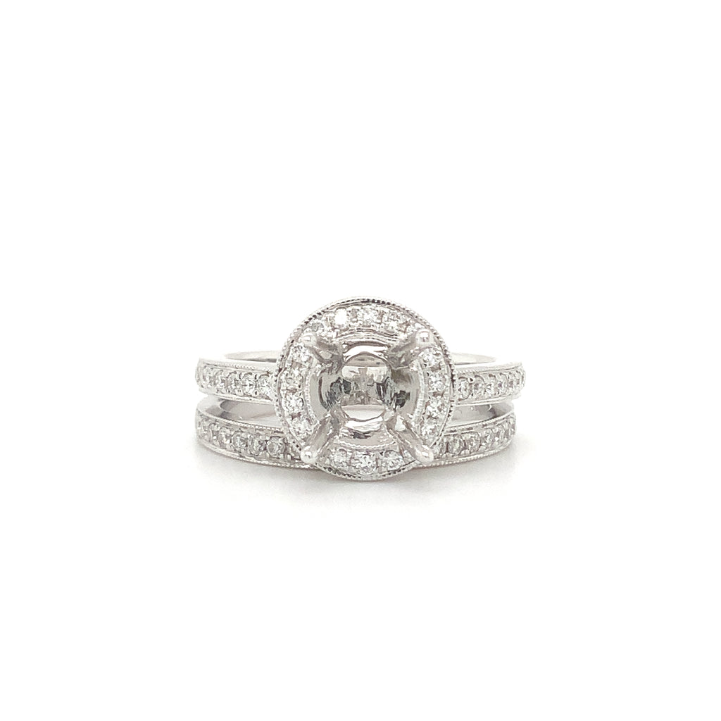diamond halo semi mounting wedding set with matching band 56 round brilliant diamonds equals .48 ctw 18k white gold