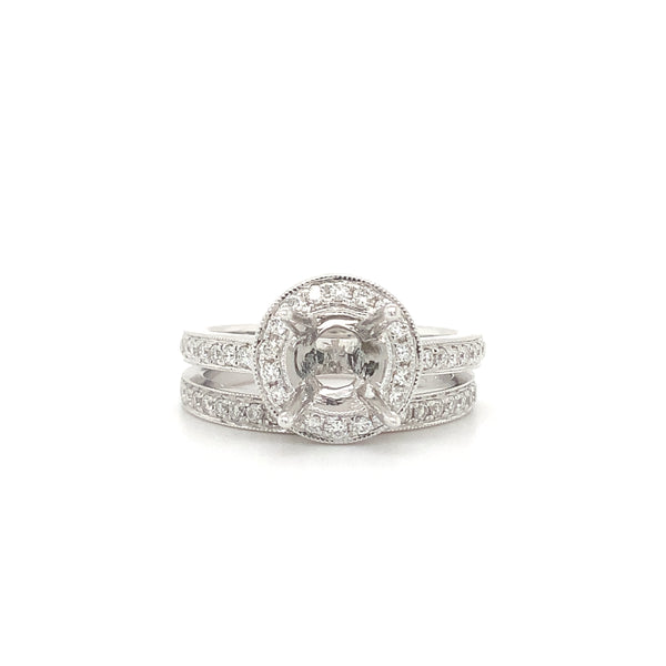 diamond halo semi mounting wedding set with matching band 56 round brilliant diamonds equals .48 ctw 18k white gold