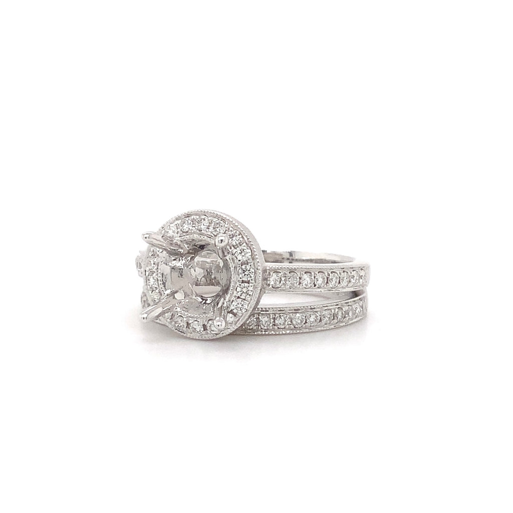 diamond halo semi mounting wedding set with matching band 56 round brilliant diamonds equals .48 ctw 18k white gold