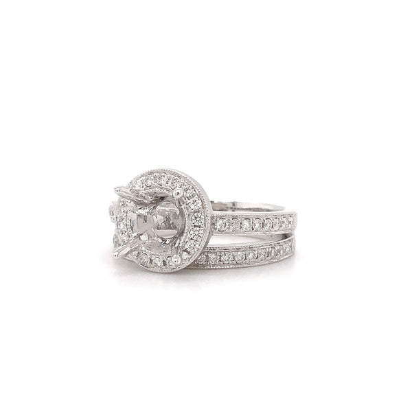diamond halo semi mounting wedding set with matching band 56 round brilliant diamonds equals .48 ctw 18k white gold