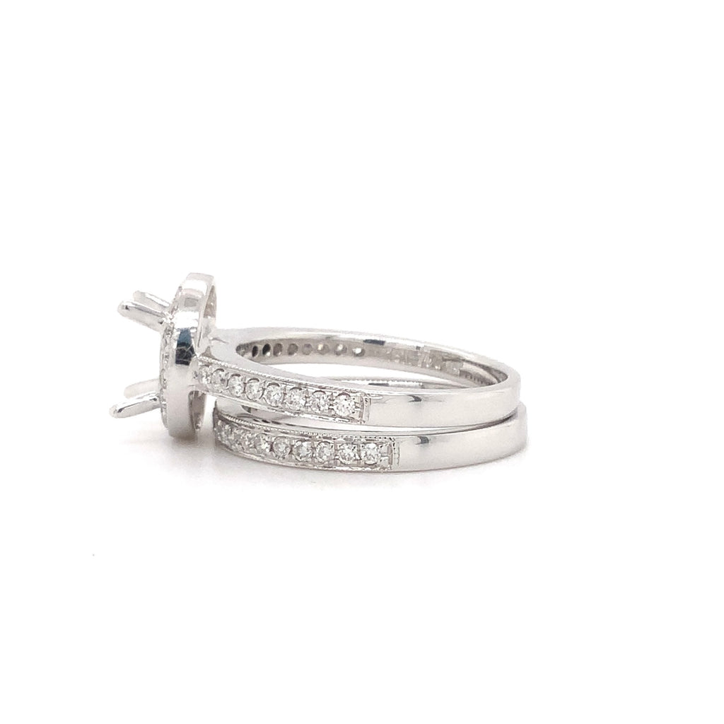 diamond halo semi mounting wedding set with matching band 56 round brilliant diamonds equals .48 ctw 18k white gold