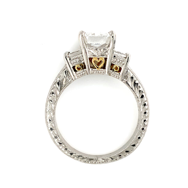 hand engraved 3 stone platinum and 18karat gold diamond 2.06 cts. tw. engagement ring .