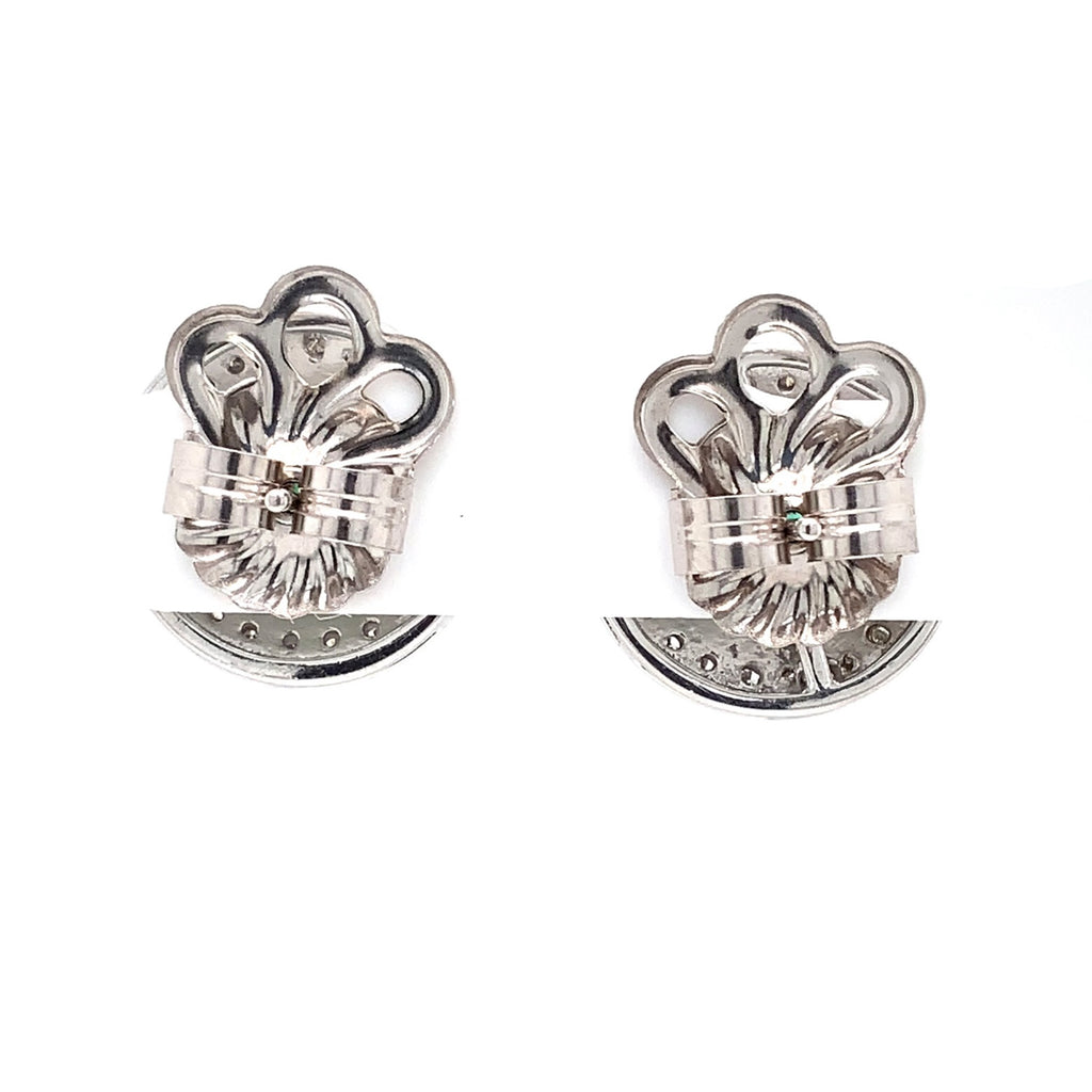 vintage inspired fine columbian emerald and diamond halo post earrings in 14 kt white gold