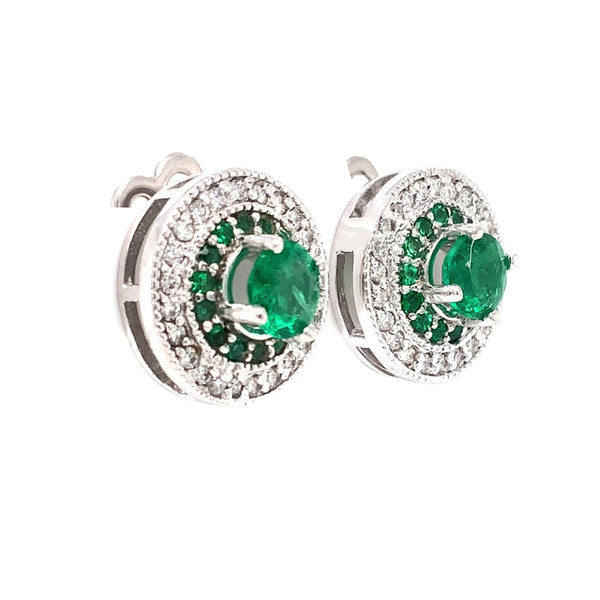 vintage inspired fine columbian emerald and diamond halo post earrings in 14 kt white gold