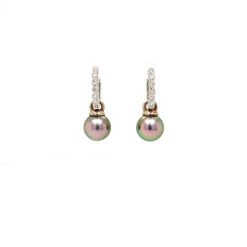 tahitian cultured aaa+ 9 mm pearl and diamond huggie drop earring 14k white gold