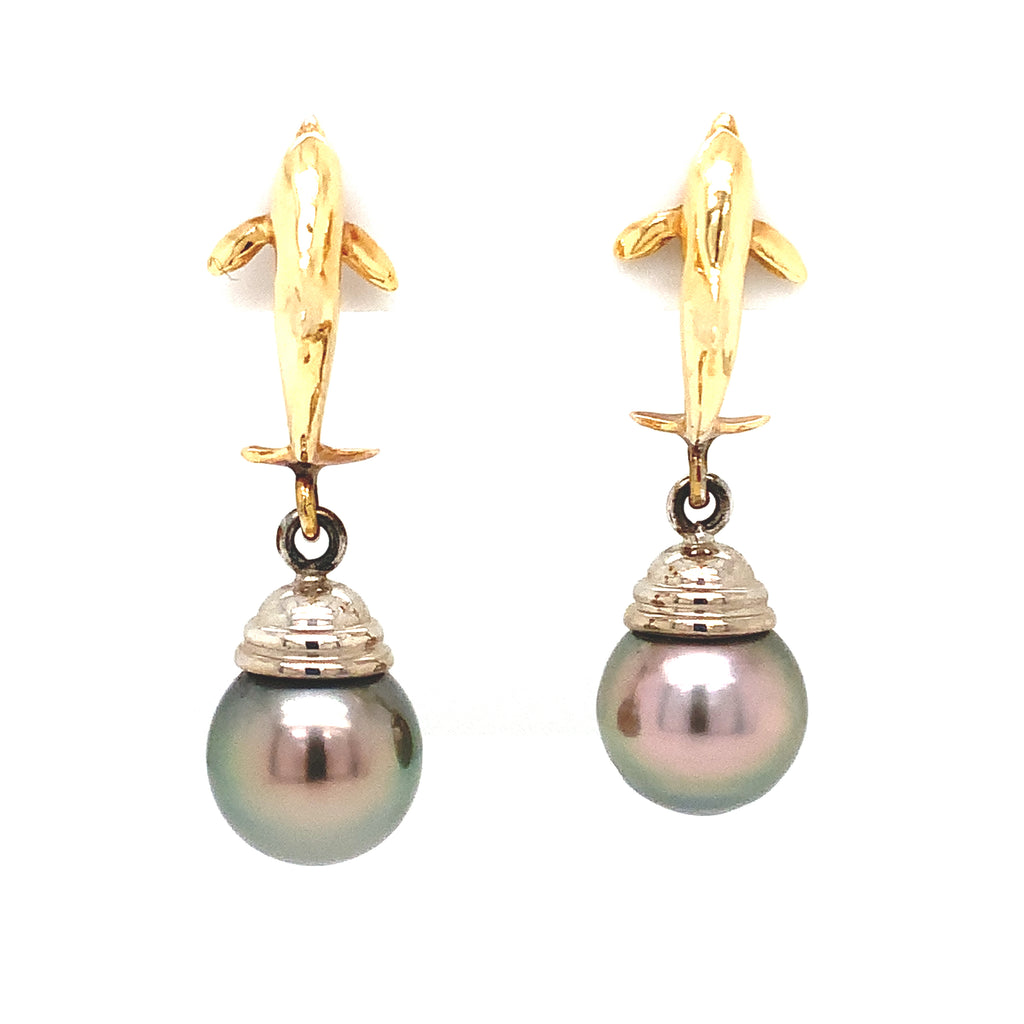 Tahitian Drop Pearl and Dolphin Shaped Earring 14K White and Yellow Gold - Image 1 of 5