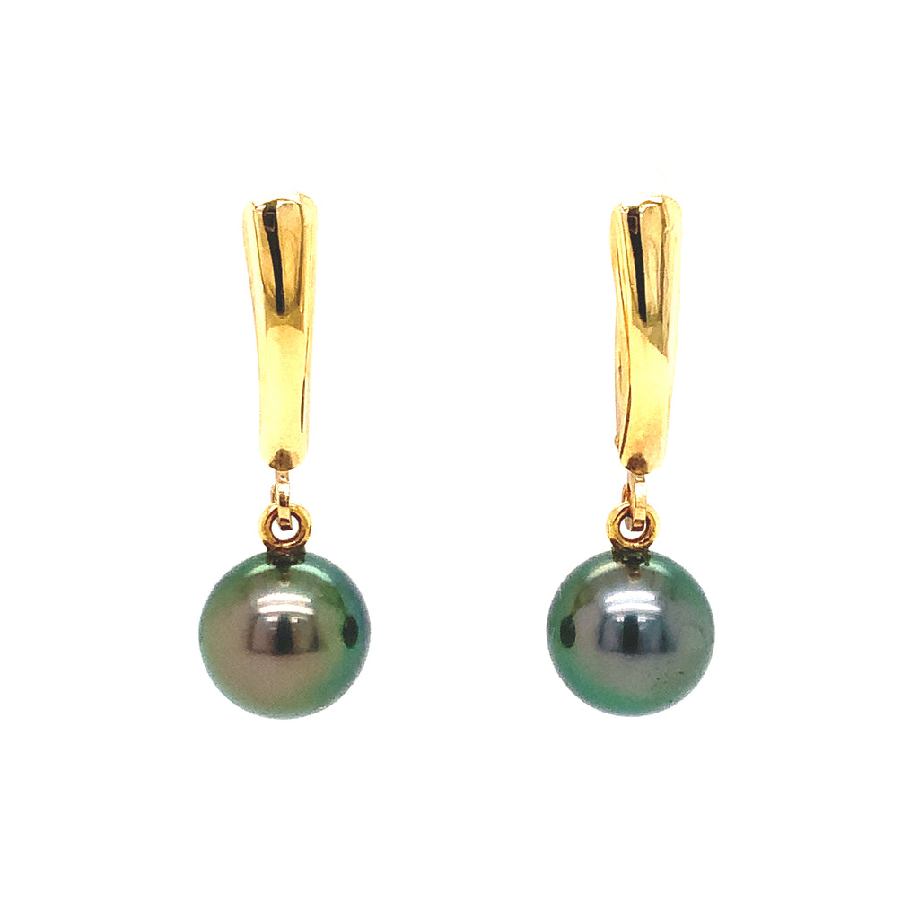 tahitian cultured natural black pearl drop earring 14 kt yellow gold lever backs